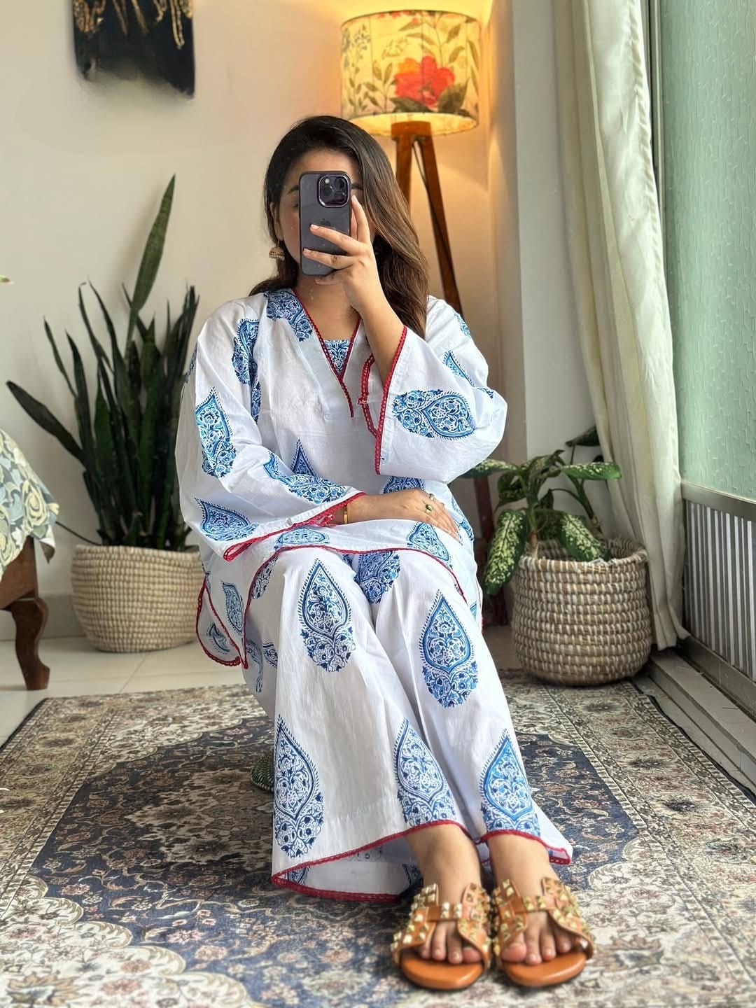 Skin Print Cotton Two Piece Set Ready Made Kurti and Salwar - Image 2