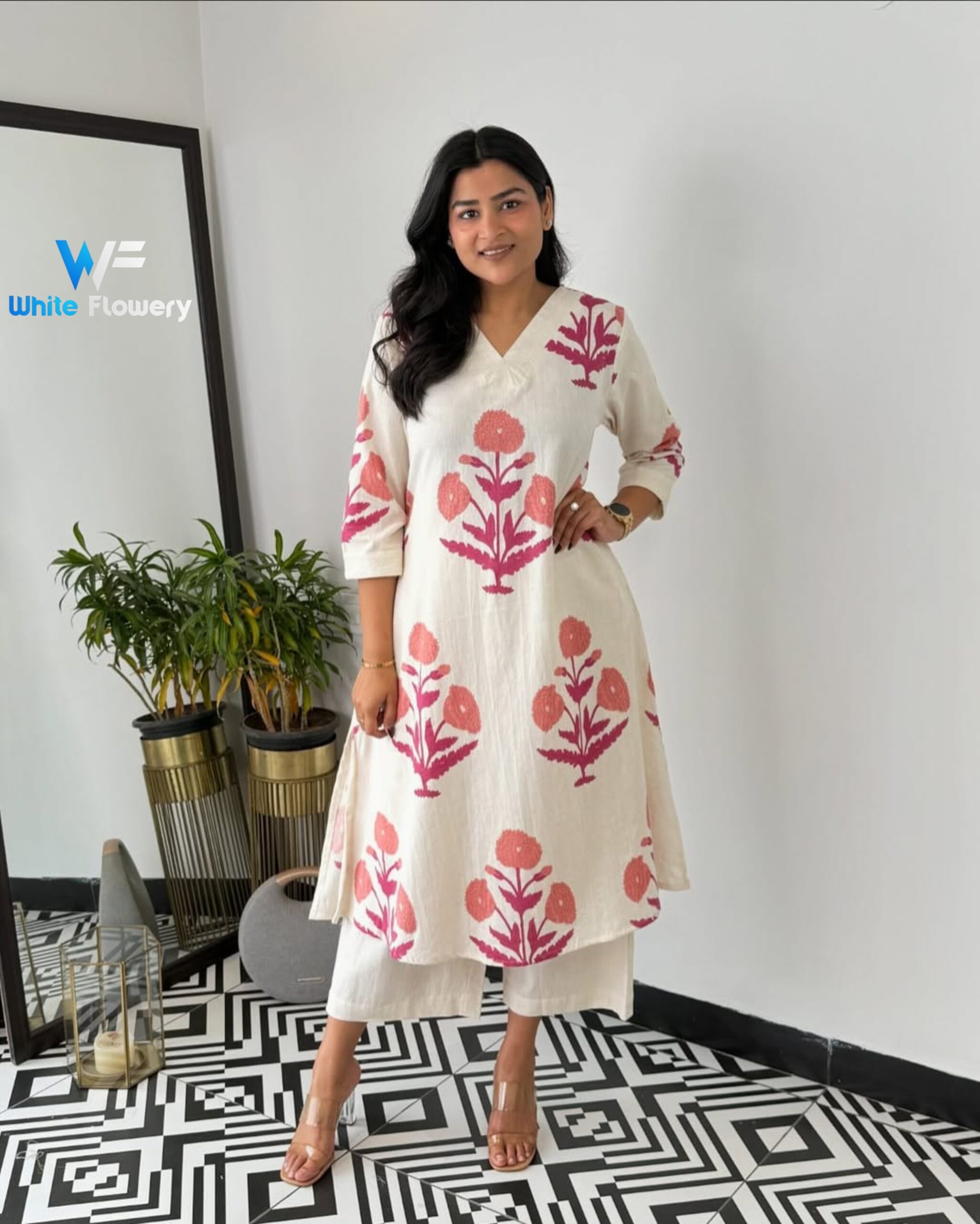 Skin Print Cotton Two Piece Set Ready Made Kurti and Salwar - Image 2