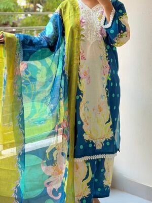 Digital Print Lace Work Ready-Made Three Piece