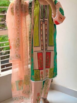 Digital Print Lace Work Ready-Made Three Piece