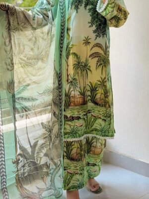 Digital Print Lace Work Ready-Made Three Piece