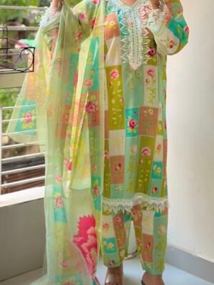 Digital Print Lace Work Ready-Made Three Piece